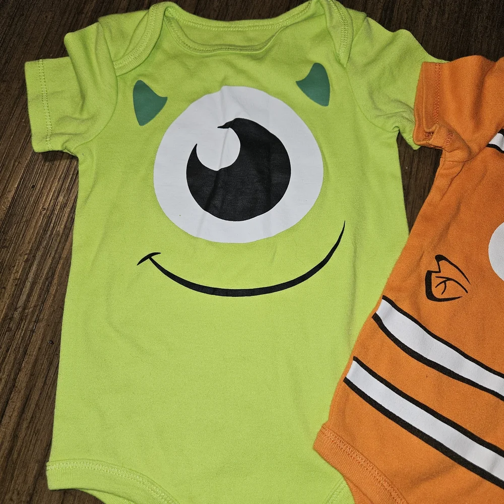 Disney Green and Orange Nemo Monsters Inc Bodysuits for Infant 18 months